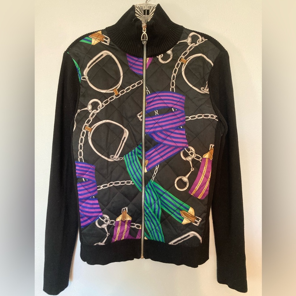 Ralph Lauren LRL Equestrian Black Cardigan with Vibrant Pattern